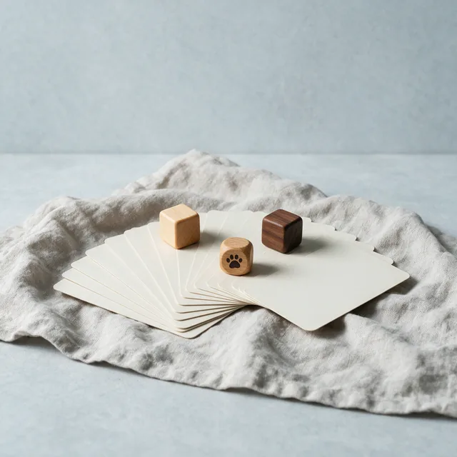 A fan of plain-backed cards with three wooden markers