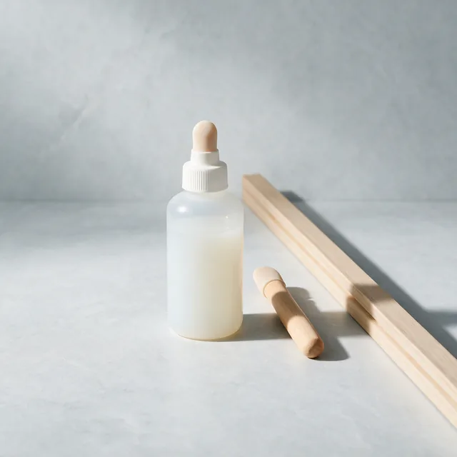 Puzzle glue with a spreader beside a wooden frame moulding