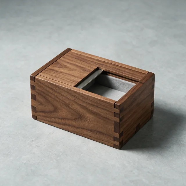 A walnut puzzle box with a sliding panel part open