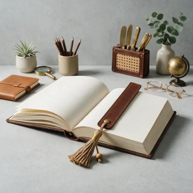 A slim leather bookmark laid across an open book
