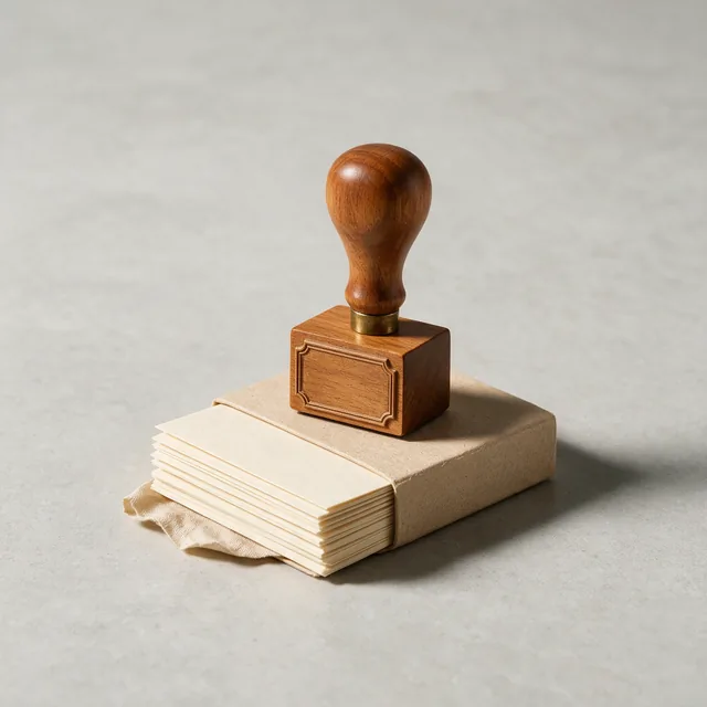 A wooden library stamp on a stack of blank bookplates