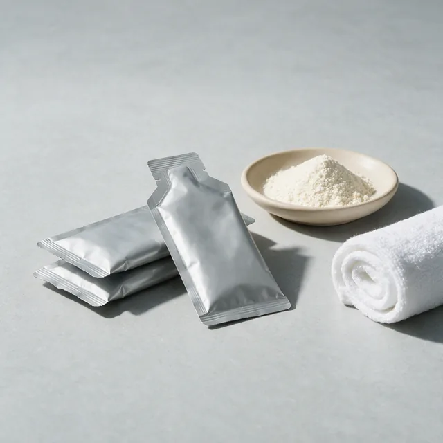Three plain foil energy gel sachets beside a dish of drink mix