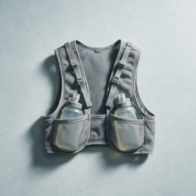A running hydration vest laid flat with two soft flasks