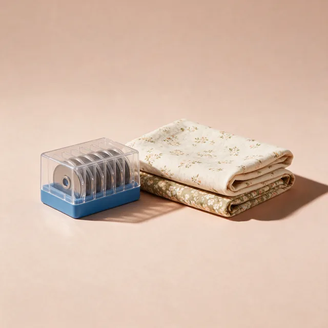 A sealed case of rotary cutter blades beside folded cotton fabric
