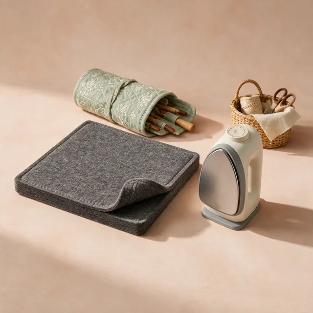 A wool pressing mat beside a small cordless iron on its heel