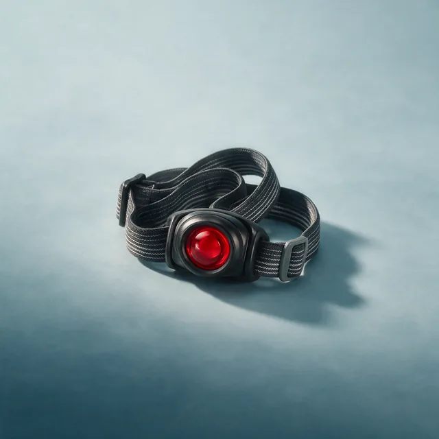 A compact red-lens headlamp on an elastic band