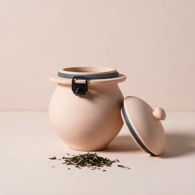 A round matte clay tea caddy with its lid resting alongside