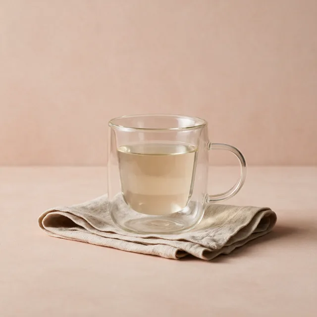 A double-walled glass mug holding pale tea