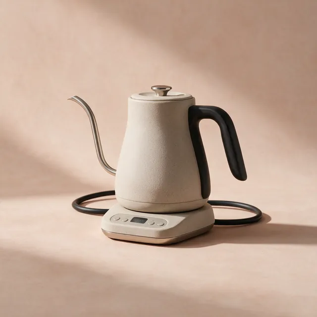 A matte stone electric kettle with a gooseneck spout on its base