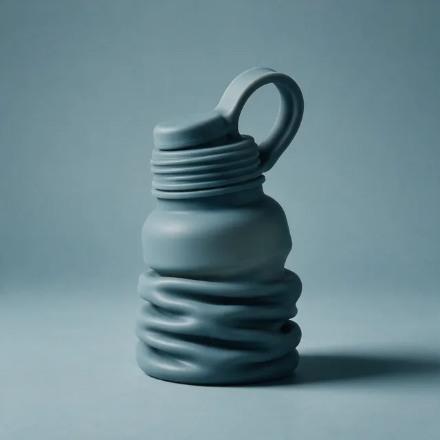 A collapsible silicone water bottle in muted slate