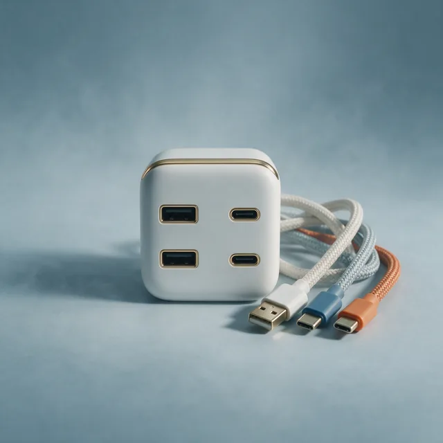 A compact multi-port travel charger with coiled cables