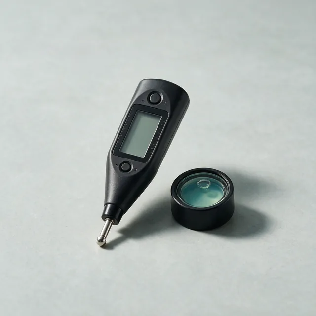 A digital stylus force gauge beside a round bubble level