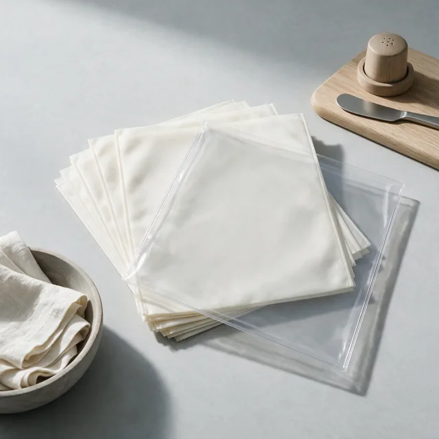 A fanned stack of plain inner and clear outer record sleeves