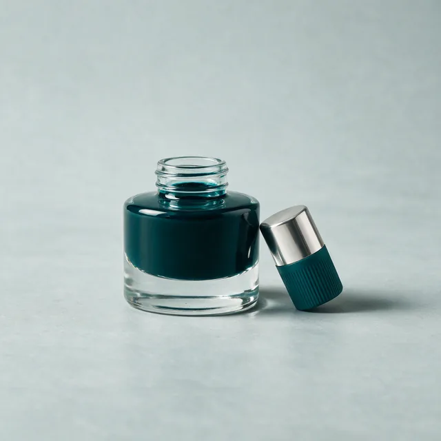 An unlabeled glass bottle of deep teal fountain pen ink