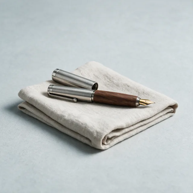 A fountain pen resting uncapped on a folded cloth