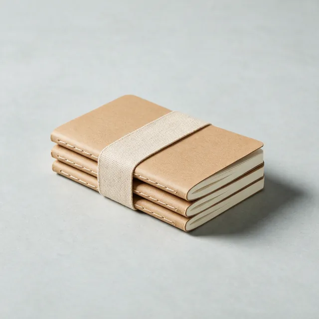Three slim pocket notebooks with kraft covers, banded together