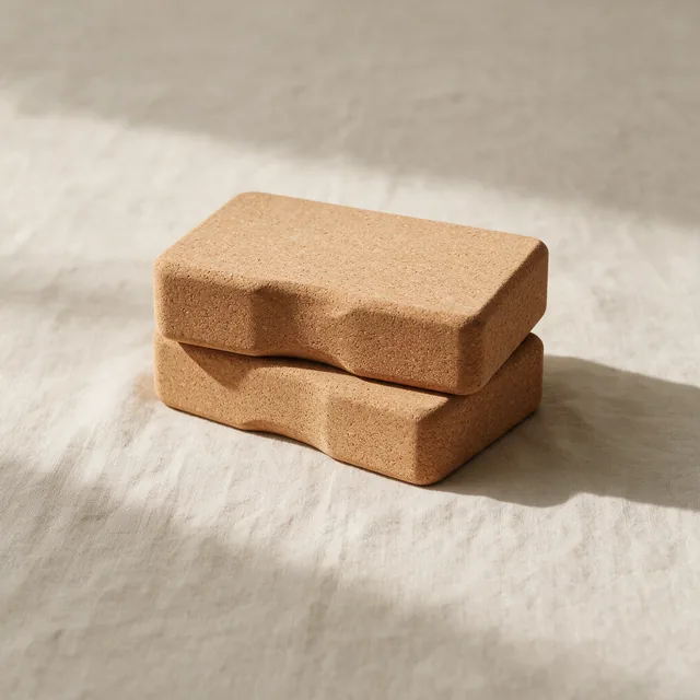 A pair of cork yoga blocks stacked at an offset