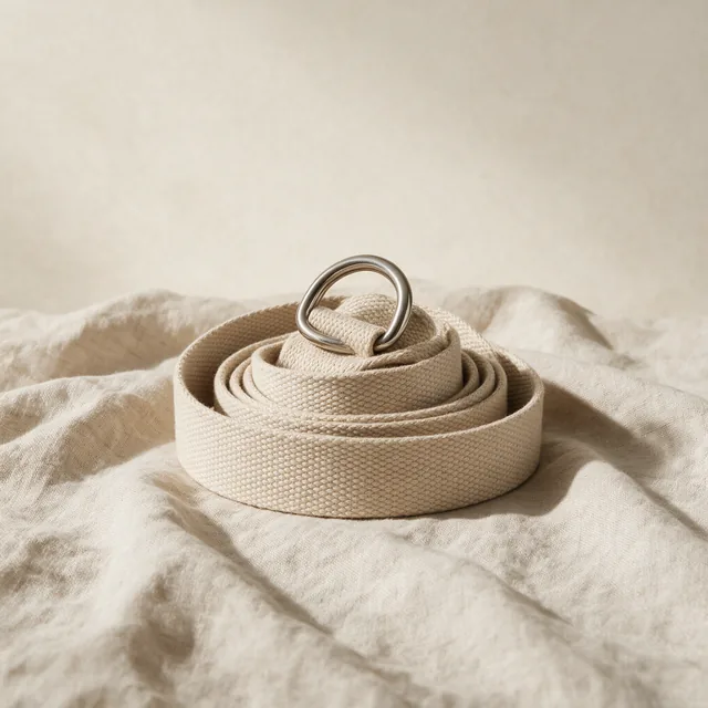 A coiled cotton yoga strap with a D-ring buckle