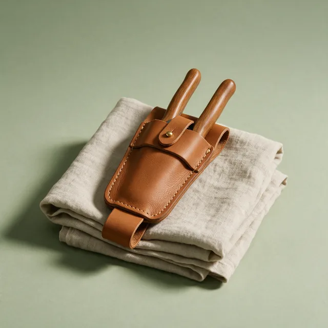 Closed garden pruners in a leather holster on a linen cloth