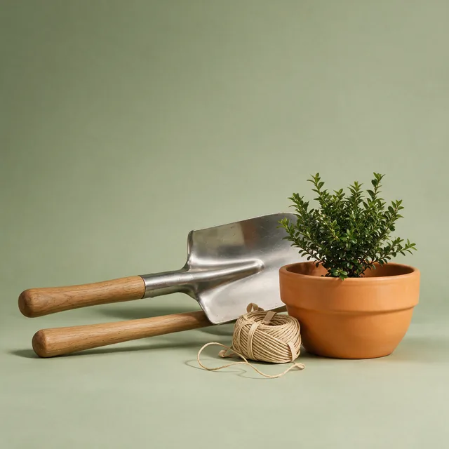 A garden spade behind a terracotta pot and a coil of twine