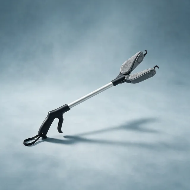 A reacher grabber tool with a padded jaw and aluminum shaft