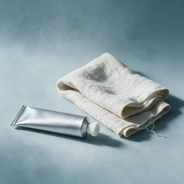 A plain tube of hand cream beside a folded cloth