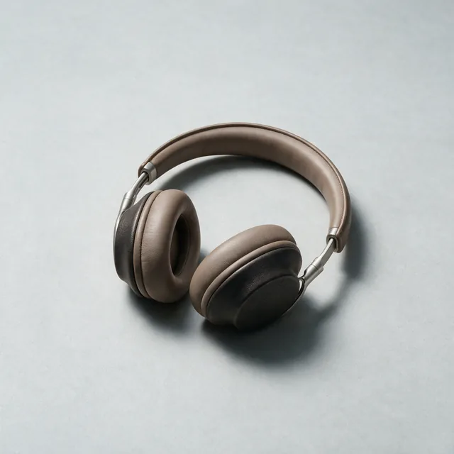 A pair of over-ear headphones folded flat