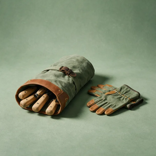 A rolled canvas garden tool roll with wooden handles showing
