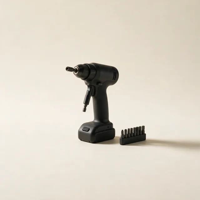 A compact cordless drill standing on its battery beside drill bits