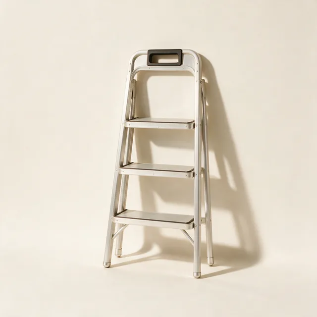A folded three-step aluminum stepladder