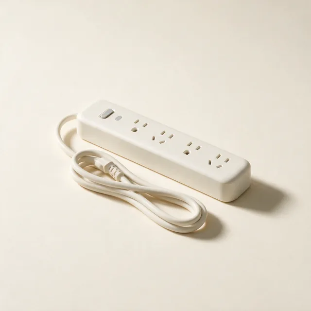 A slim white surge protector with its cable coiled