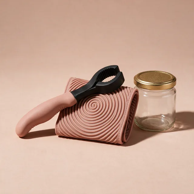 A grip jar opener on a silicone pad beside a glass jar