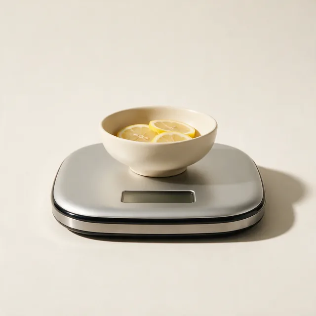A flat digital kitchen scale with a small bowl