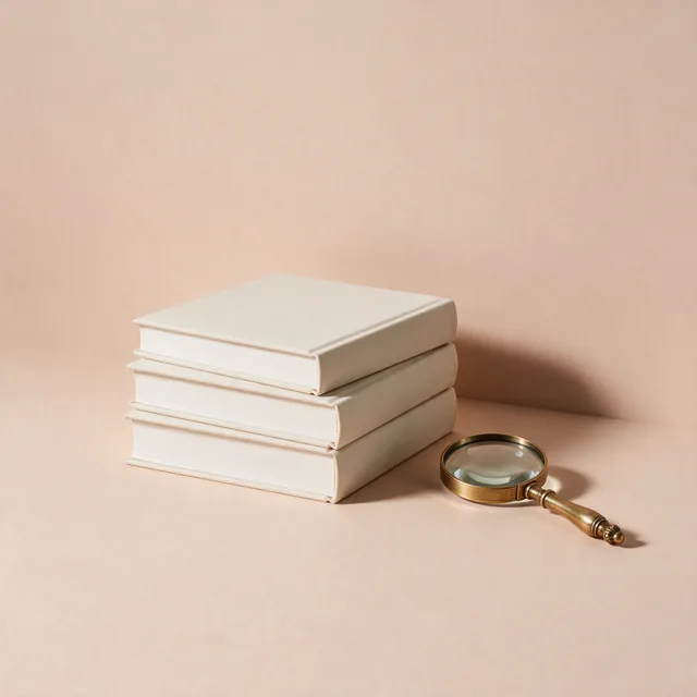 A stack of plain hardcover books beside a magnifying glass