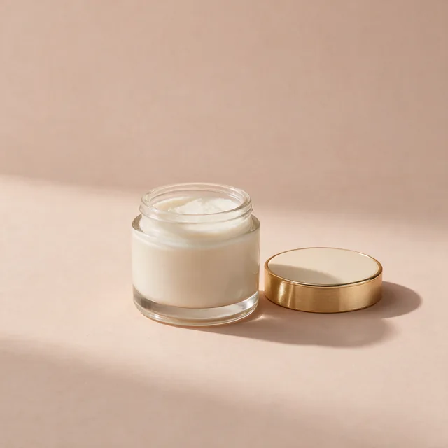 A glass jar of moisturizer with its lid beside it
