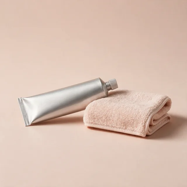 A tube of hand cream lying beside a folded washcloth