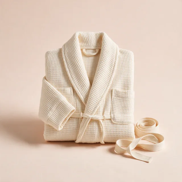 A folded waffle cotton robe with the belt coiled beside it