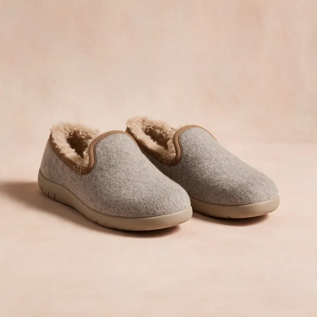 A pair of wool slippers with sturdy soles side by side