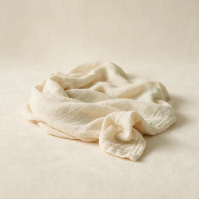 A folded muslin swaddle blanket in warm cream