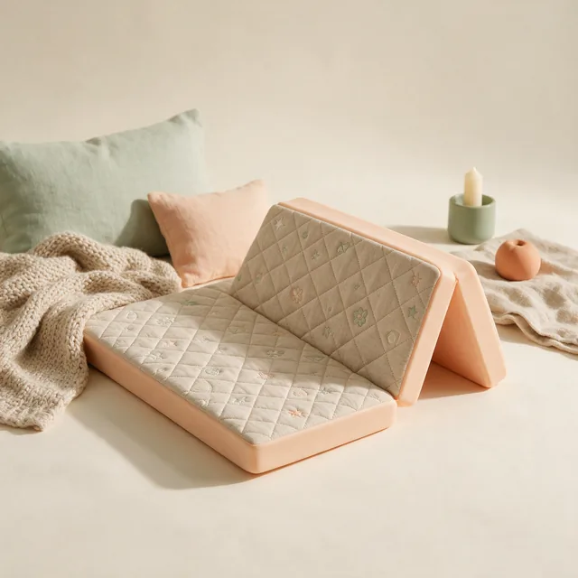 A folding foam play mat, part folded