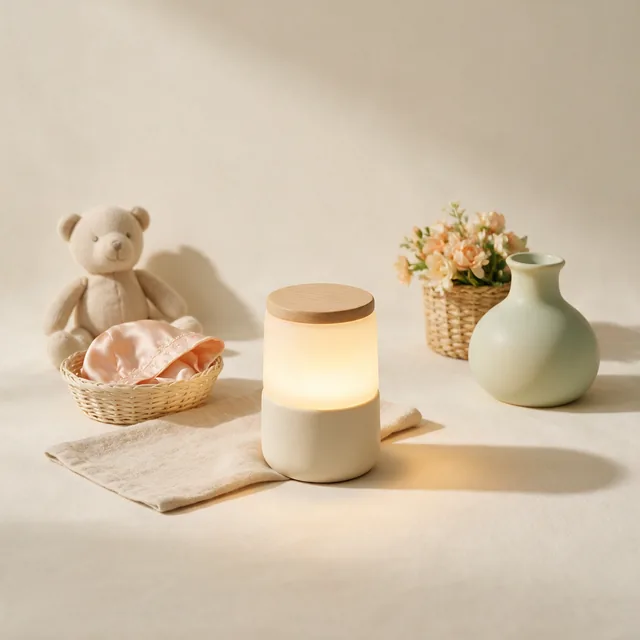 A small cream night light glowing warmly