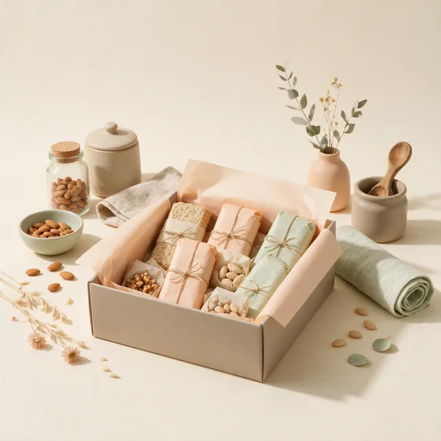 An open box of plainly wrapped snack bars and nut packets