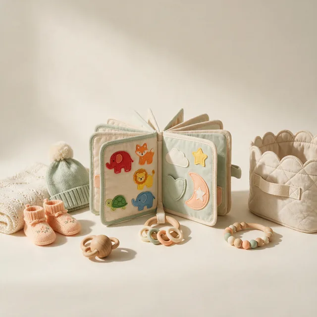 A soft cloth baby book standing open