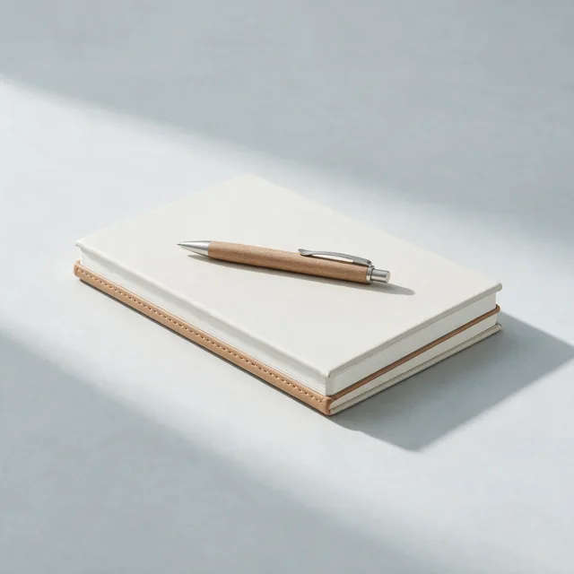 A hardcover notebook with a slim pen resting on it
