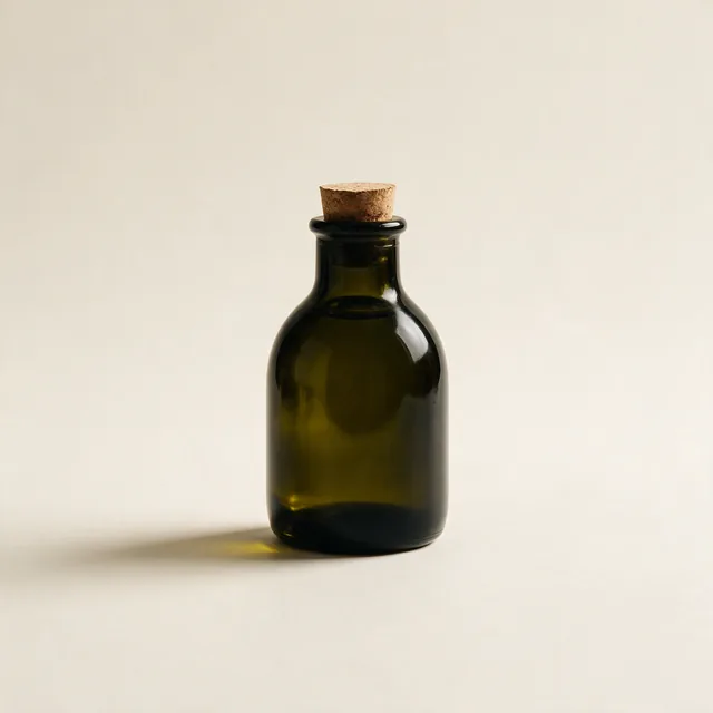 A small dark glass bottle of olive oil