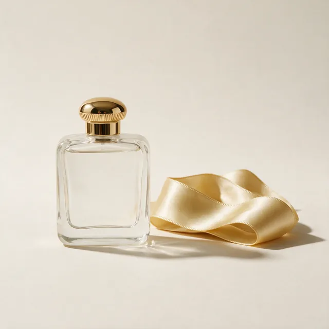 A plain glass perfume bottle with a gold cap beside a silk ribbon