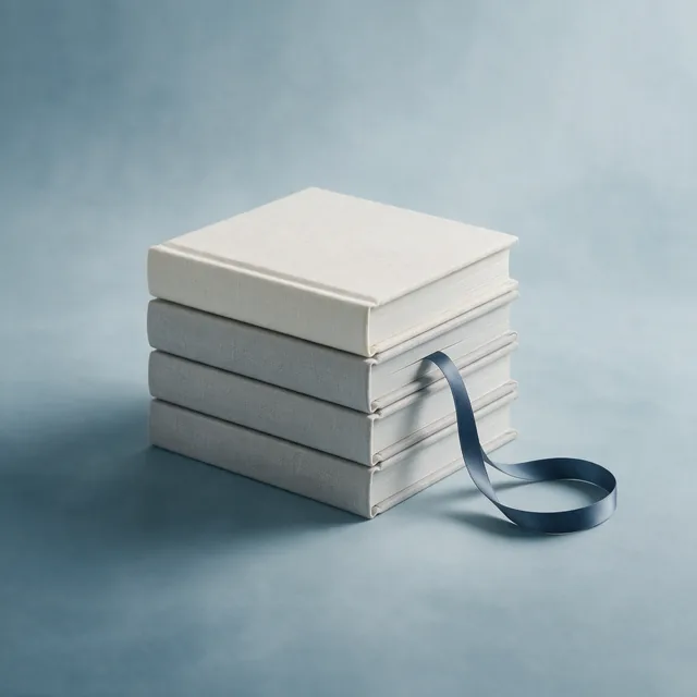 A stack of four plain hardcover books with a ribbon marker