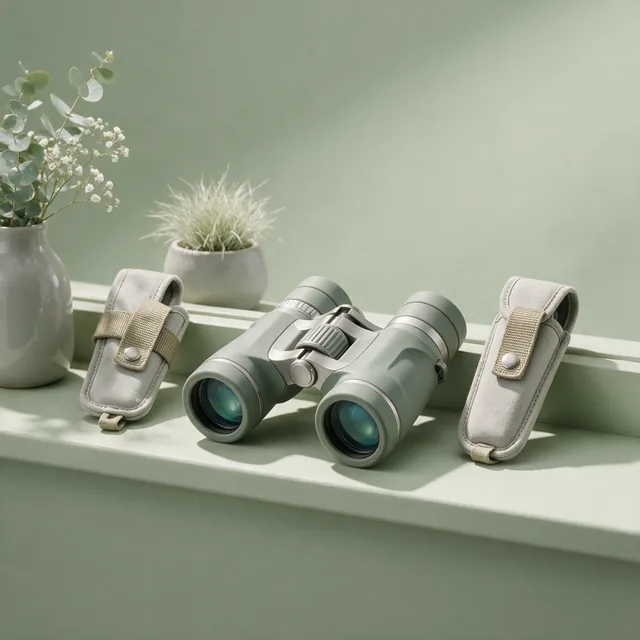 Compact binoculars resting on a windowsill ledge