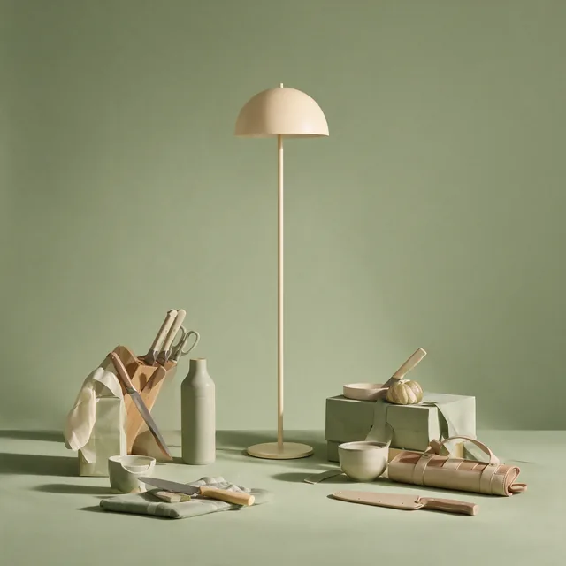 A slender floor lamp with a domed cream shade