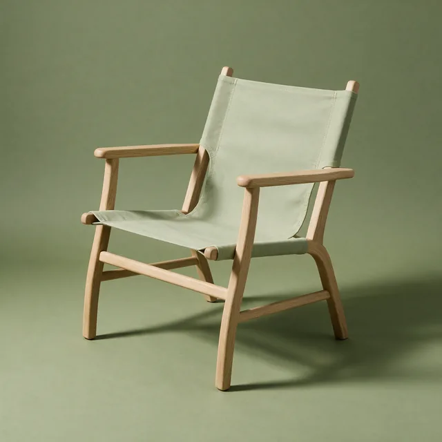 A folding outdoor chair with an oak frame and canvas seat